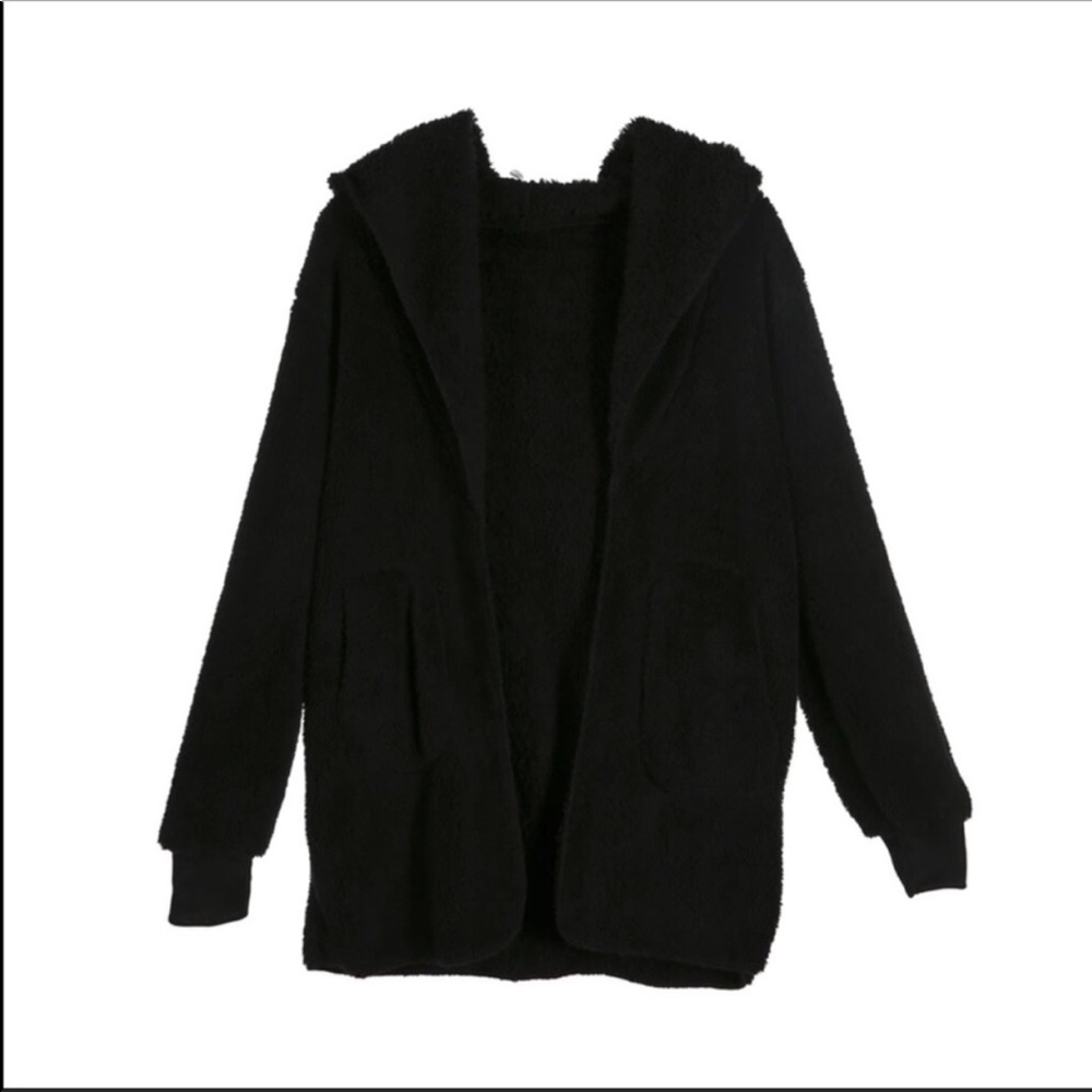 2 Left! Black Hooded Teddy Sweater with Pockets - Picture 5 of 7